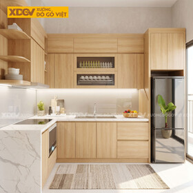 Tủ Bếp Gỗ Veneer Sồi Dáng Chữ L Nhỏ Gọn Lưu Trữ Thông Minh