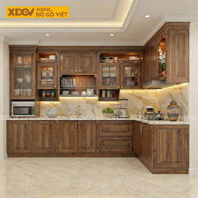 Tủ Bếp Góc L Gỗ Óc Chó Mặt Ốp Đá Nhiều Ngăn Đựng Tiện Lợi