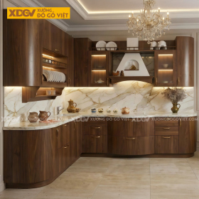 Tủ Bếp Kiểu Góc L Gỗ Veneer Óc Chó Bo Tròn Góc Mềm Mại Sang Trọng