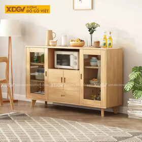 Tủ Chén Bát Gỗ Cao Su Phong Cách Bắc Âu Phối Tủ Kính 2 Bên