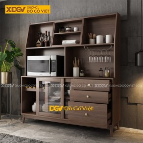 Tủ Chén Bát Chân Cao Gỗ Công Nghiệp Màu Nâu Đẹp
