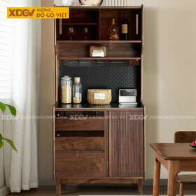 Tủ Chén Bát Gỗ Óc Chó Chân Cao Tủ Kính Phối Bảng Lổ Lưu Trữ