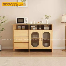 Tủ Chén Bát Nhà Bếp Gỗ Cao Su Thiết Kế Cánh Kính Viên Thuốc