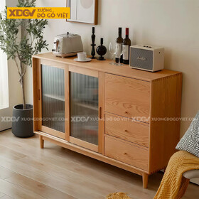 Tủ Để Chén Bát Phòng Bếp Cánh Lùa Phối Kính Sọc Kèm Ngăn Kéo