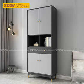 Tủ Để Sách Gỗ MDF Chân Côn Kệ Mở Trung Tâm Phối Cánh Kính