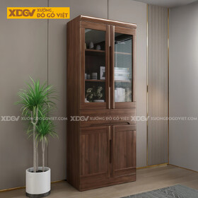 Tủ Để Sách Gỗ Óc Chó Phối Cánh Kính Kèm Tay Nắm Âm Tinh Tế