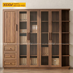 Tủ Hồ Sơ Gỗ Óc Chó Chân Bệt Đa Ngăn Đa Cánh Tích Hợp Kệ Góc