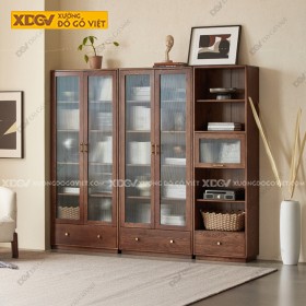 Tủ Hồ Sơ Vân Sồi Đa Tầng Phối Cánh Kính Sọc Mờ Kèm Ngăn...