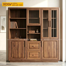 Tủ Hồ Sơ Văn Phòng Gỗ Óc Chó Phối Cánh Kính Lưu Trữ Đa Ngăn