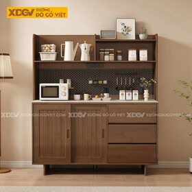 Tủ Lưu Trữ Chén Bát Veneer Sồi 3 Chân Cửa Lùa Phối Bảng Treo