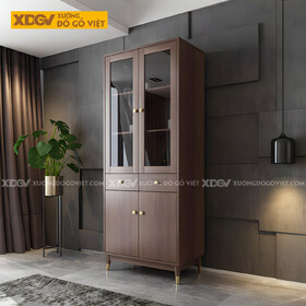 Tủ Lưu Trữ Rượu Gỗ MDF Kèm Chân Bọc Kim Loại Phối Cánh Kính