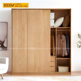 Tủ Quần Áo 2 Cánh Gỗ Veneer Sồi Tối Giản Cửa Lùa Nhiều Ngăn