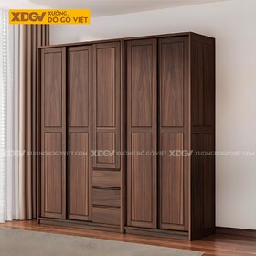 Tủ Quần Áo Đôi Gỗ Óc Chó Cửa Lùa Khung Pano Sang Trọng