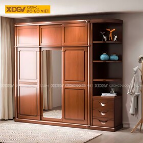 Tủ Quần Áo Gỗ Gõ Đỏ Hiện Đại Cửa Lùa Có Cánh Gương Bo Góc