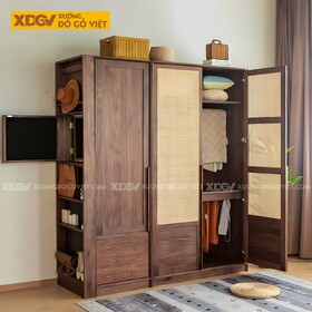 Tủ Quần Áo Gỗ Óc Chó Hiện Đại Mặt Cánh Mây Tre Đan Á Đông