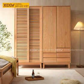 Tủ Quần Áo Gỗ Sồi Hiện Đại Tối Giản Chân Cao Cửa Nan Chớp