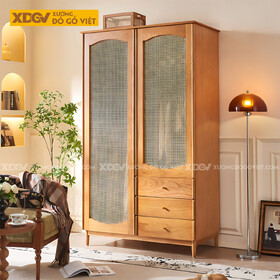 Tủ Quần Áo Gỗ Sồi Mỹ Chân Cao 2 Cánh Lưới Đan Mây 3 Ngăn Kéo