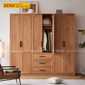 Tủ Quần Áo Gỗ Sồi Mỹ Japandi Khung Pano 6 Cánh Tay Nắm Đen