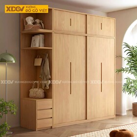 Tủ Quần Áo Gỗ Veneer Sồi Cửa Lùa Thêm Ngăn Nóc Và Kệ Bên