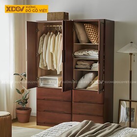 Tủ Quần Áo Gỗ Xoan Đào 4 Cánh Tối Giản Tay Âm Có Ngăn Kéo