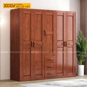 Tủ Quần Áo Mặt Gõ Đỏ Hiện Đại Cánh Pano Tay Nắm Gỗ Đồng Bộ