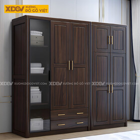 Tủ Quần Áo Phòng Ngủ 5 Cánh Gỗ Lim Kính Trong Khung Nhôm Đen
