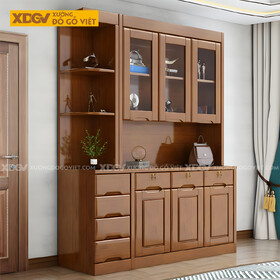 Tủ Rượu Gỗ Cao Su Kệ Hở Kính Đa Cánh Phối Ngăn Kéo Lưu Trữ