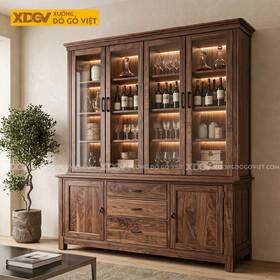Tủ Rượu Gỗ Óc Chó Phối Cách Kính Kèm Đèn Led Sang Trọng