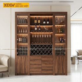 Tủ Rượu Gỗ Óc Chó Phối Ô Đựng Rượu Kèm Ngăn Kéo Trung Tâm
