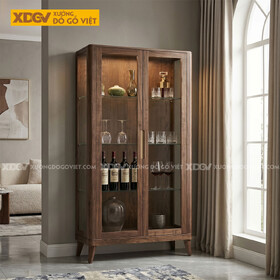 Tủ Rượu Gỗ Óc Chó Thiết Kế Nhỏ Gọn Chân Cao Kèm Tay Nắm Âm