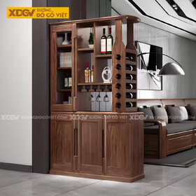 Tủ Rượu Phòng Khách Gỗ Sồi Phối Kệ Tủ Kính Kèm Giá Treo Ly