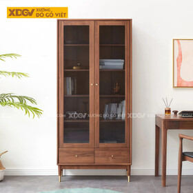 Tủ Sách Gỗ Óc Chó Hình Khối Vuông Vức Phối Chân Côn Bọc Kim