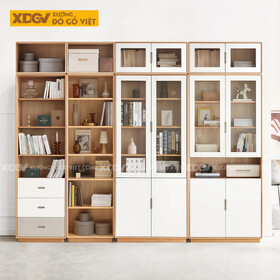 Tủ Sách Gỗ Sồi Mỹ Phối Chân Bệt Cánh Kính Thiết Kế Tối...