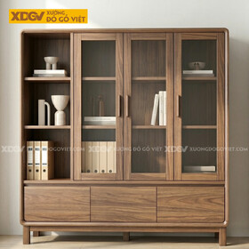 Tủ Tài Liệu Gỗ Óc Chó Chân Cao Cánh Kính Hiện Đại Cao Cấp