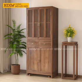 Tủ Thờ Phòng Thờ Gỗ Óc Chó Chân Cuộn Cánh Nan Phối Ngăn Kéo