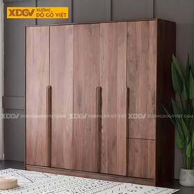 Tủ Treo Áo Gỗ Óc Chó Hiện Đại 5 Cánh Mở Tay Nắm Nổi Dài