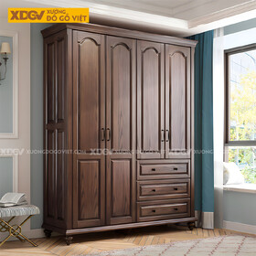 Tủ Treo Quần Áo Gỗ Sồi Cổ Điển Chân Tiện Tay Nắm Quai Đen