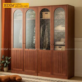 Tủ Treo Quần Áo Xoan Đào 4 Cánh Kính Gân Mờ Và Gỗ Nan Kín